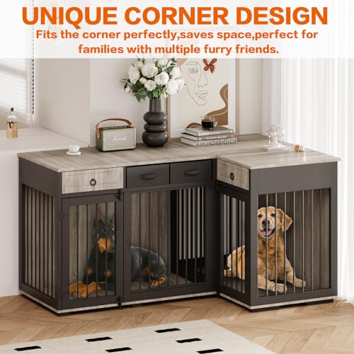 68" Dog Crate Furniture for 2 Dogs,Indoor L-Shaped Corner Wooden Furniture Style Combined Dog Crate Kennel with Fabric Drawers&Removable Divider for Small to Medium Dogs,Can Use Separately