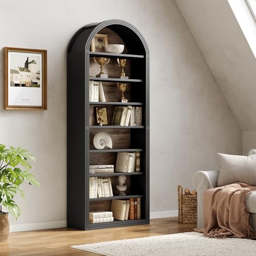 LITTLE TREE 8-Tier Bookcase, 78.7" Tall Bookshelf with Arched Top, Large Freestanding Wooden Open Bookcase Bookshelf, Modern Book Shelf Organizer for Living Room, Bedroom, Office, Library, Black Brown LITTLE TREE