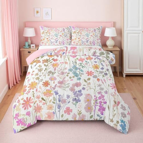 Erosebridal Cute Pink Floral Full Bedding Set for Girls Kids Women,Colorful Boho Flower Comforter Set Farmhouse Home Decor,Watercolor Wildflower Quilt Bed Set Rustic Flowers Bed Comforter Set 3Pcs Erosebridal