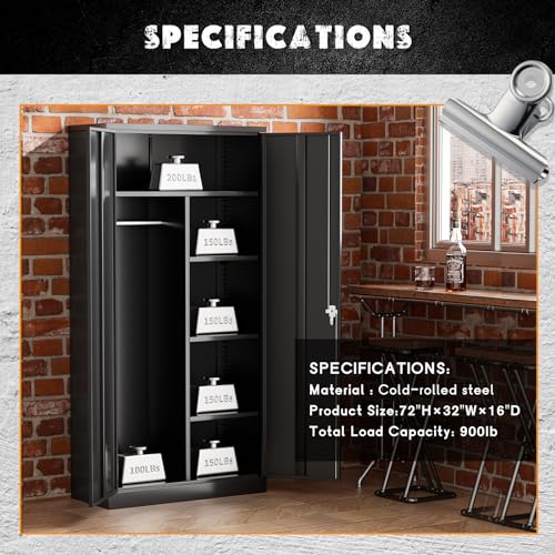 Greenvelly Metal Storage Cabinet with 2 Doors, Black 72” Steel Storage Wardrobe Cabinet, Employees Locker Closet Clothing Coat Steel Wardrobe Cabinet with Hanging Rod for Garage, Gym, Home Office Greenvelly