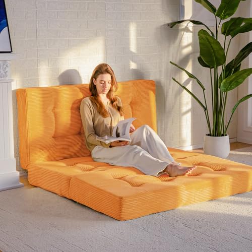 MAXYOYO Tri-Fold Mattress, 6 Inch Tufted Folding Futon Bed, Foldable Floor Couch Guest Bed Futon Portable Camping Sleeping Mat with Corded Fabric, Orange MAXYOYO