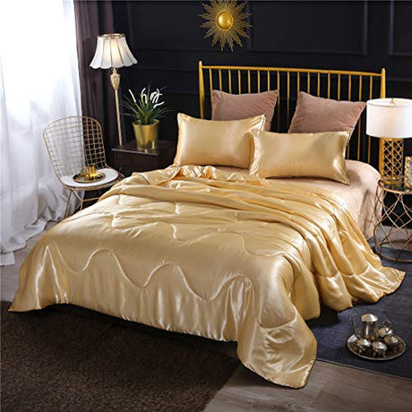 NTBED Sexy Silky Satin Comforter Sets Queen Golden Lightweight Soft Luxury Quilt 3-Pieces Microfiber Bedding Set Yellow (Gold, Queen) NTBED