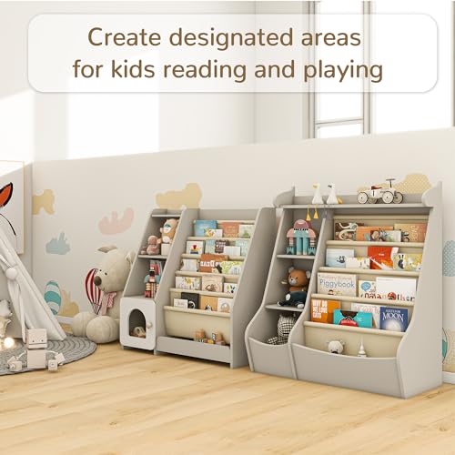 Montessori Kids Bookshelf, 5 Sling Bookcase, 4 Tier Display Shelf, Wooden Baby Book Rack, Children Toy Storage Organizer Cabinet, Floor Toddler Bookshelves Nursery Playroom Bedroom Library, Grey