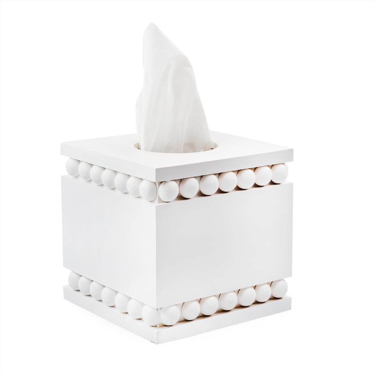 AuldHome Beaded Square Tissue Box Cover (White); Rustic Farmhouse Wood Tissue Holder AuldHome Design
