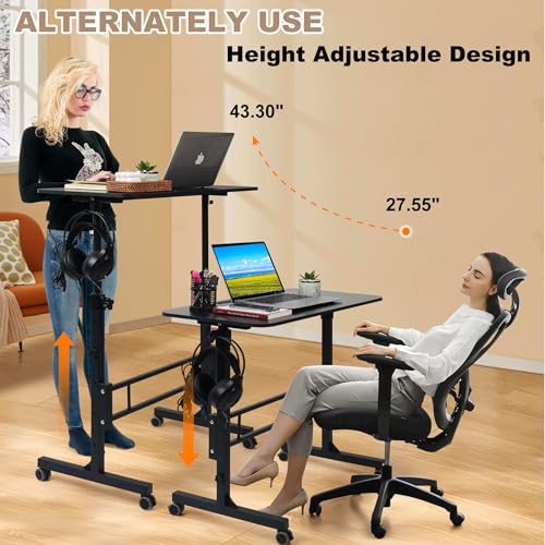 ADQZYWT Adjustable Standing Desk with Wheels, Portable Rolling Walking Pad Desk, Small Laptop Table for Home Office, Sit Stand Up Workstation, Size 15.7"x31.5" Black Desk ADQZYWT