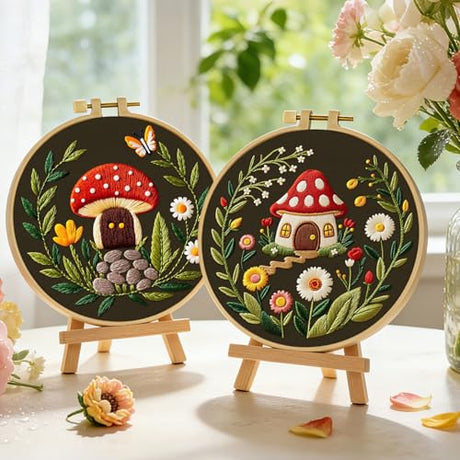 ERKOON Embroidery Kit for Beginners, 2 Set Flower Cross Stitch Set Include Embroidery Cloth Hoops Threads for Craft Lover Hand Stitch with Embroidery Skill Techniques (Mushroom) ERKOON