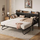 LIKIMIO Daybed with Trundle Bed, Twin Bed Frame with Storage Headboard and Charging Station, Sofa Day Bed with Strong Supports for Living Room, Bedroom, and Guest Room, Black LIKIMIO