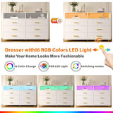 EnHomee Wooden Dresser for Bedroom with LED Lights, 47.3" W White Dresser for Bedroom, 6 Drawer Dresser TV Stand, Modern Dresser with Large Organizer for Bedroom, Living Room, Hallway, White EnHomee