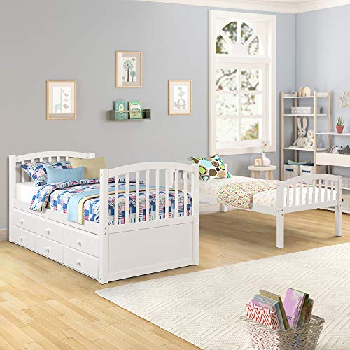 Ball & Cast Twin Size Bunk Bed with Ladder and Safety Rail,Twin-Szie Trundle Wood Bunkbed w/Slat Support & Solid Pine Legs,Space Saving,Bedframe Furniture for Student Dorms,Studio,White Ball & Cast