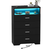 FJTJBSI Dresser with Power Outlets and LED Lights Wooden 4 Drawer Dresser with Large Organizer Tall Black Dresser for Bedroom Chest of Drawers Closet Modern Dresser for Living Room Kids Room FJTJBSI