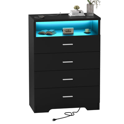 FJTJBSI Dresser with Power Outlets and LED Lights Wooden 4 Drawer Dresser with Large Organizer Tall Black Dresser for Bedroom Chest of Drawers Closet Modern Dresser for Living Room Kids Room