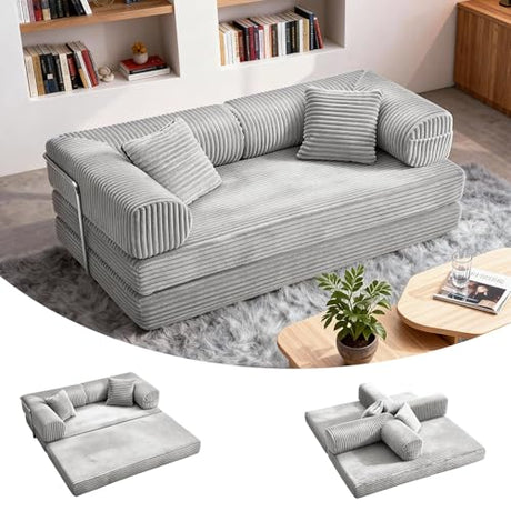 TuckMoMo 76.77 Inch Convertible Sofa Bed, Modern Corduroy Futon Boneless Couches Lounge Loveseat with Side Storage Pocket, Pull Out Sofa Bed for Living Room, Bedroom, No Assembly Required, Grey TuckMoMo