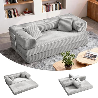 TuckMoMo 76.77 Inch Convertible Sofa Bed, Modern Corduroy Futon Boneless Couches Lounge Loveseat with Side Storage Pocket, Pull Out Sofa Bed for Living Room, Bedroom, No Assembly Required, Grey