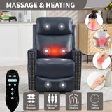 Genuine Leather Swivel Rocker Recliner Chair for Adults, Manual Glider Rocking Chair for Nursery with Vibration Massage & Lumbar Heat, Rivet Design Single Sofa for Living Room, Blue