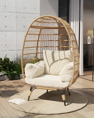 GarveeLife Oversize Wicker Egg Chair with Plush Cushion, Rattan Egg Basket Lounge Chair Winter Egg-Shaped Chair w/Steel Frame and 4 Cushions for Patio, Porch, Beige GarveeLife
