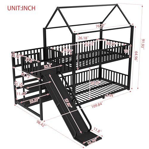 Bellemave Twin Over Twin Bunk Bed with Slide, Kids House Floor Bunk Bed with Storage Stairs and Full Length Guardrail, Heavy Duty Bunk Beds for Girls, Boys, Black Bellemave
