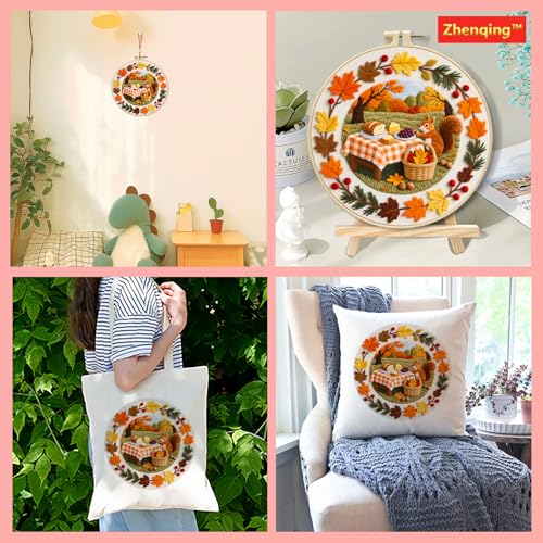 Zhenqing Autumn Picnic Squirrel Embroidery Kit for Beginners - Complete Set with Pre-Printed 29x29cm Cotton Fabric, Hoop, Threads & Tools(C0141)