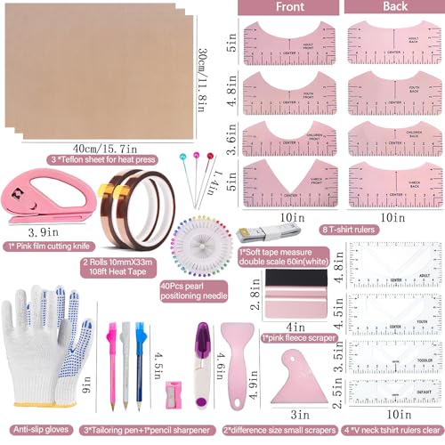 QUKLOGEN Sublimation Shirts Tool Kits Shirt Measure Ruler Set Reusable Round Neck and V Neck Alignment T Shirt Guide Ruler Teflon Sheet for Heat Press 12 x 16in Heat Resistant Tape QUKLOGEN