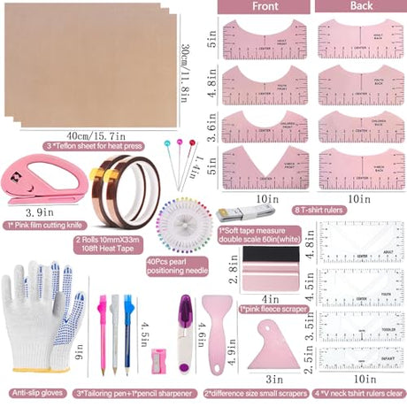 QUKLOGEN Sublimation Shirts Tool Kits Shirt Measure Ruler Set Reusable Round Neck and V Neck Alignment T Shirt Guide Ruler Teflon Sheet for Heat Press 12 x 16in Heat Resistant Tape QUKLOGEN