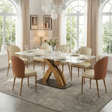 VYNARI 79 Inch Dining Table Set for 8 People, 7 Piece Rectangular Dining Table with Sintered Stone Tabletop and Leather Dining Chairs, Modern Kitchen Table for Living Room Home VYNARI