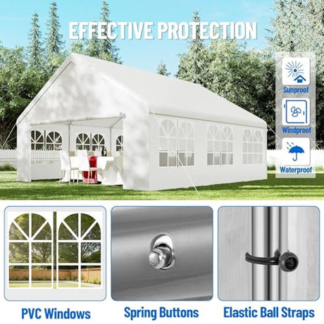 20'X20' Party Tent, Outdoor Heavy Duty Wedding Gazebo, Removable Sidewalls, Water & UV Resistant, Event Shelter Canopy Tent for Parties Carport BBQ, White & Straight Edge BouPower