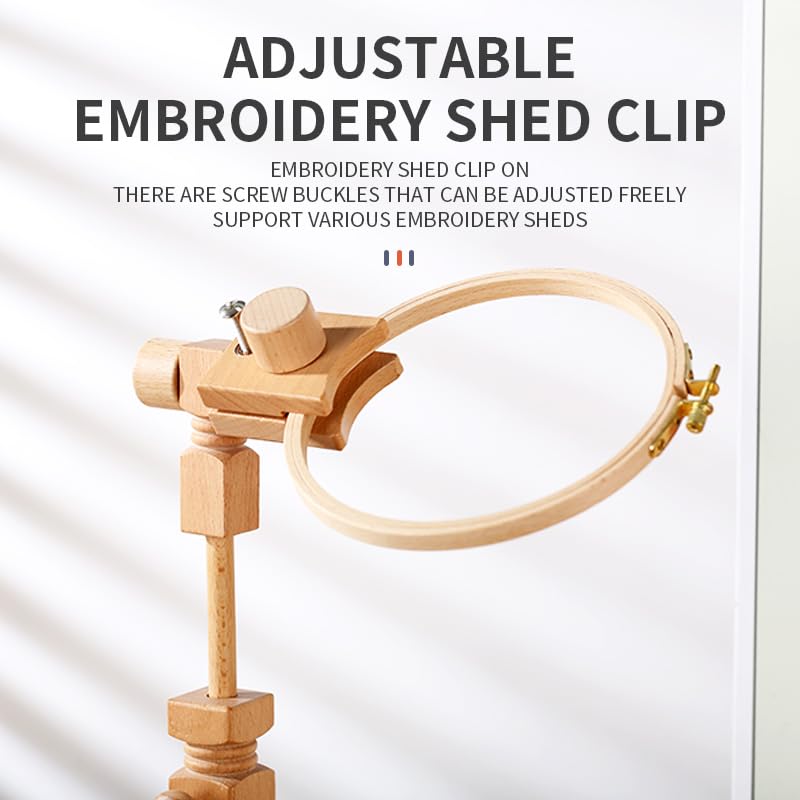 Sherbo Adjustable Embroidery Hoop Stand with 2PCS 6'' 7''Hoops, Rotated Beech Wood Cross Stitch Frame, Hands-Free Needlework Stand, Solid Hand-Polished Natural Wood Holder for Sewing Projects. S SHERBO