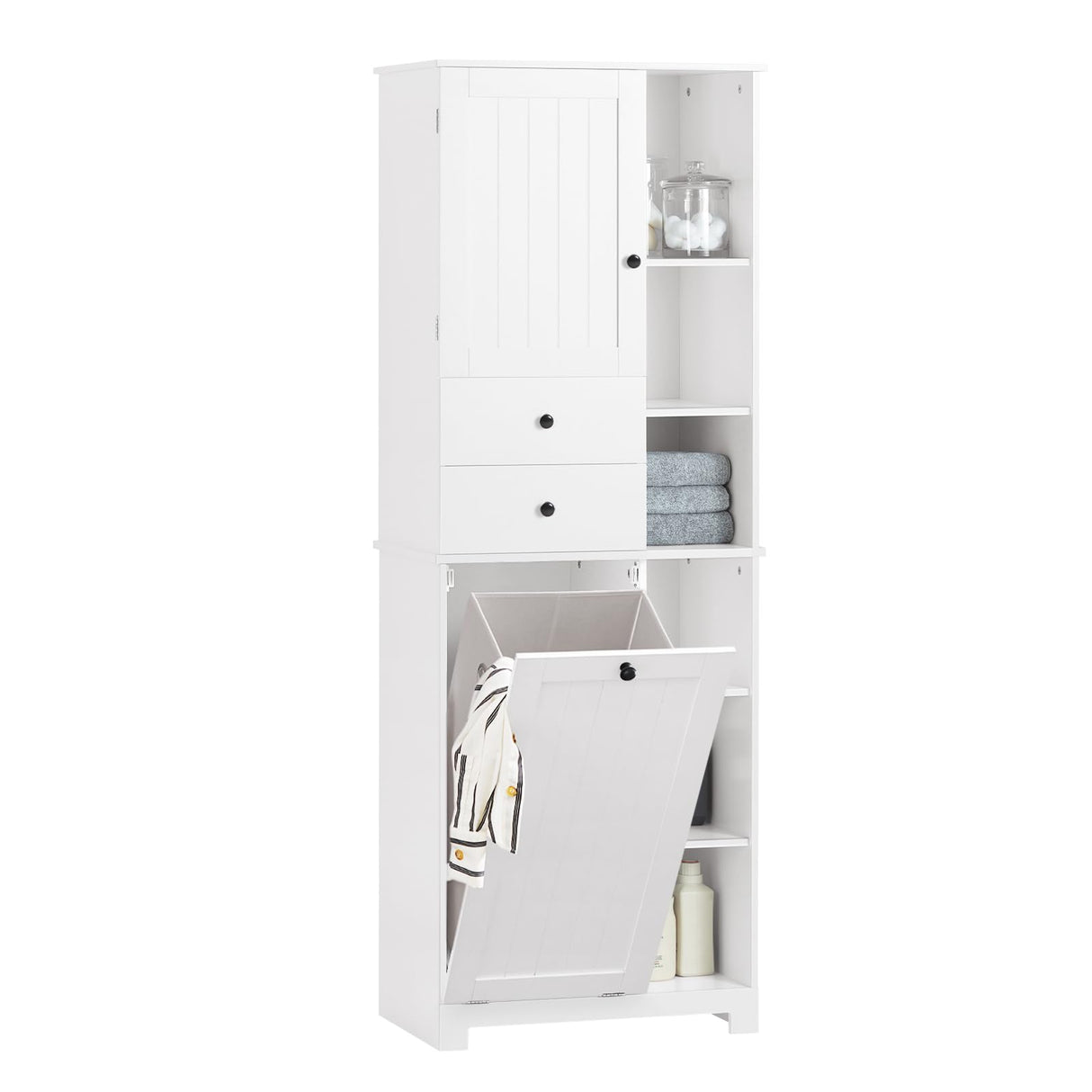 SoBuy Bathroom Tall Laundry Cabinet Freestanding Storage Unit with Removable Basket Large Cupboard with Tilt-Out Hamper, White BZR104-W SoBuy