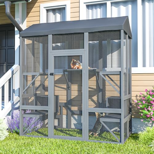TIMHAKA 72 inch Catio Outdoor Cat Enclosure, Large Cat Catio for Multiple Cats, Outdoor Cats Enclosure with Waterproof Cover, Sunshine Roof, 7 Platforms, 2 Resting Boxes, Wooden Indoor Pet Cage, Grey TIMHAKA