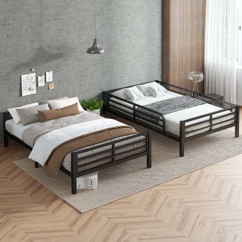 HKOLIE Full XL over Full XL Bunk Bed, Metal Bunk Bed Frame Heavy Duty Bunk Beds Loft Bed Frame with Ladder and Guardrail Metal Slats No Box Spring Required for Adults Teens (Full XL over Full XL Size) HKOLIE