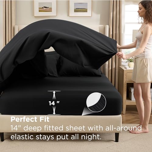Bedsure Premium Series 7 Piece Black Queen Comforter Set, Goose Down Alternative, All Season Medium Warmth, Soft Hotel Luxury Bed in a Bag, Safe for Sensitive Skin, Includes Sheets Pillowcases Shams Bedsure