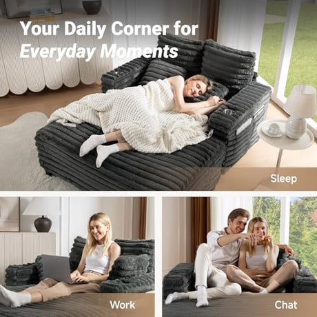 Amsleekey 64" Chaise Lounge Chair Indoor, Oversized Sleeper Chair with Wood Frame, Upholstered Sofa Bed for Living Room, Movie Room, Bedroom with 4 Storage Pockets&2 Cup Holders(Plush Corduroy, Grey) Amsleekey