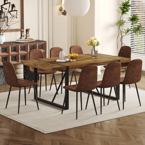 UELKS Dining Table Set for 8，Dining Room Table Set for 8，71'' Dark Wood Kitchen Table and Suede Nap Fabic Chairs Set of 8，8 Chair Dining Table Set for Kitchen Dining Room UELKS