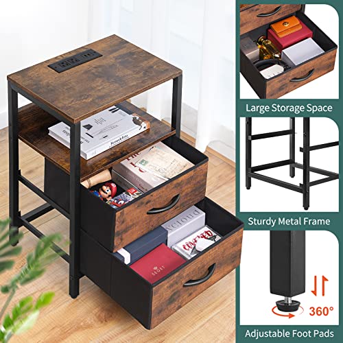 Yoobure Nightstand with Charging Station, Small Night Stand with Fabric Drawers and Storage Shelf for Bedrooms, Small Spaces, Bedside Table with USB Ports & Outlets - WoodArtSupply