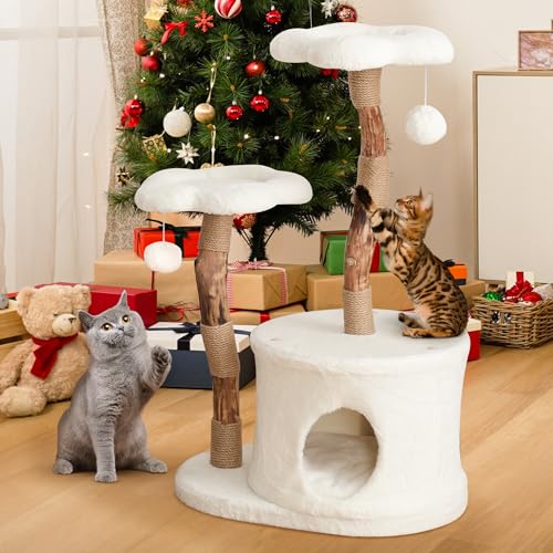 NATURAL EXPRESSIONS Modern Cat Tree and Tower for Indoor, Luxury Solid Wood Cat Condo for Large Cats, Flower Cat Tree with Scratching Post, Cat