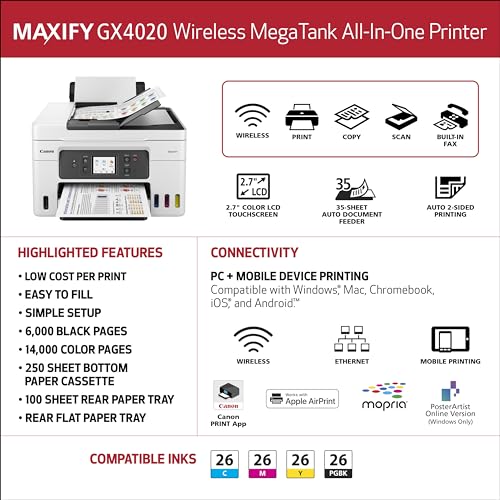 Canon Megatank GX4020 All-in-One Wireless Supertank Printer with Print, Copy, Scan and Fax | Auto Document Feeder | Mobile Printing | 2.7" LCD Touch Screen