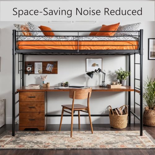 Anwick Metal Loft Bed with Stairs,Bunk Bed with Desk and Guardrail for Kids Boys Girls,Loft Bed Frame with Charging Outlet & LED Lights,Noise-Free, Black (Twin XL) Anwick