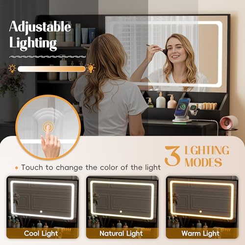 YESHOMY Vanity Desk with Lights and Mirror, L Shaped Makeup Table, Dresser with Hairdryer Holder and Power Outlet, Adjustable 3 Lighting Modes, 5 Drawers and Adjustabled Open Storage Shelves, Black YESHOMY