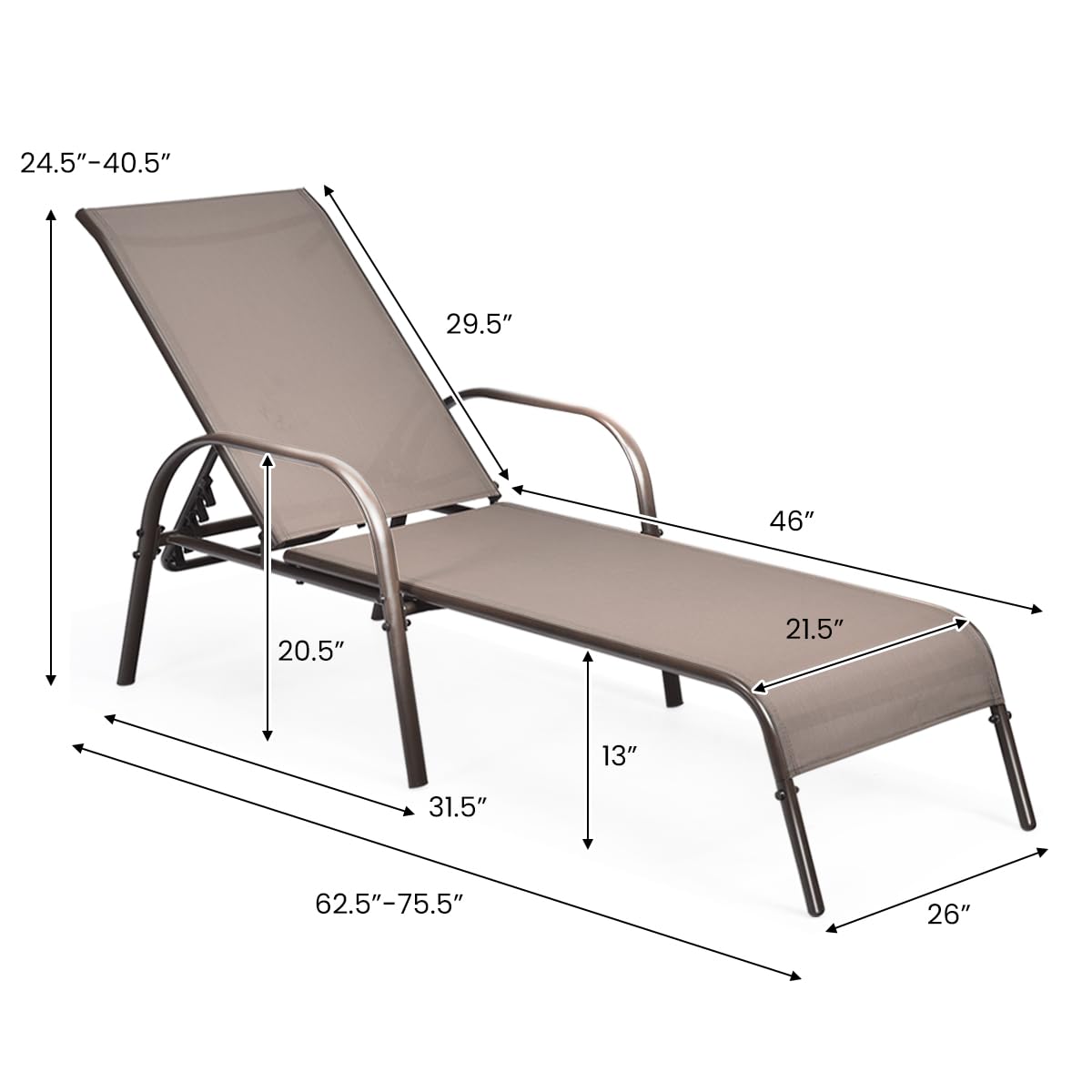 Giantex 2 Pack Patio Lounge Chair, Outdoor Chaise Lounge with 5 Adjustable Backrest, Sturdy Steel Frame, Sunbathing Recliner, Beach Chair, Tanning Chair for Outside, Yard, Balcony, Pool Chairs, Brown Giantex