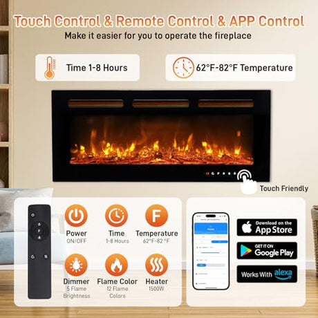 Winado 42" Electric Fireplace, Inserts/Wall Mounted Fireplace Heater with Remote Control, 12 Adjustable Flame Colors, Log & Crystal, 8H Timer for Living Room, Bedroom Inddoor Winado