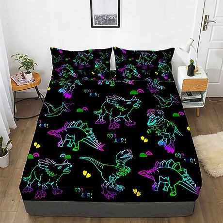 Gusuhome Dinosaurs Bed Sheets Queen Size for Boys 3D Colorful Jurassic Dinosaur Fitted Sheets Set for Kids and Teens Soft Microfiber Bedding Set with Pillowcase (1 Fitted Sheet + 2 Pillow Cases) Gusuhome