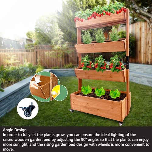 ScienGarden Wooden Raised Garden Bed, Vertical 4 Tiers Wood Planter Box with Wheels for Outdoor Indoor Balcony, Herb Garden Gardening Vegetables