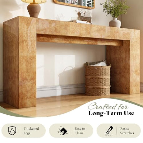AMERLIFE 63" Burl Wood Console Table, Modern High Gloss Entryway Table with 2 Storage Drawers, Long Sofa Table Behind the Couch for Entrance, Hallway, Foyer, Living Room, Natural AMERLIFE