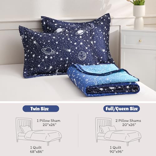 JSD Blue Stars Kids Quilt Set Full/Queen, 3 Piece Space Theme Boys Printed Bedspread Coverlet with Pillow Sham Quilted Blanket JSD