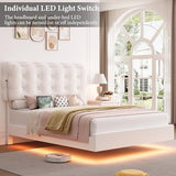 HIFIT Upholstered Twin LED Bed Frame with Charging Station and Adjustable Crystal Button-Tufted Puffs Headboard, Velvet Princess Floating Platform Bed Frames for Girls/Kids, No Box Spring Needed,Beige HIFIT
