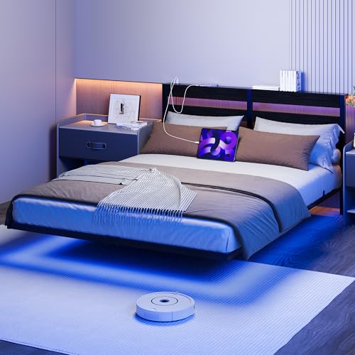 Floating Queen Bed Frame with Headboard and Storage,Metal Platform Bed Frame Queen Size with Charging Port and LED Lights,No Box Spring Needed,Easy Assembly,Noise Free,Heavy Duty Black Bed Frame SOLACECASA