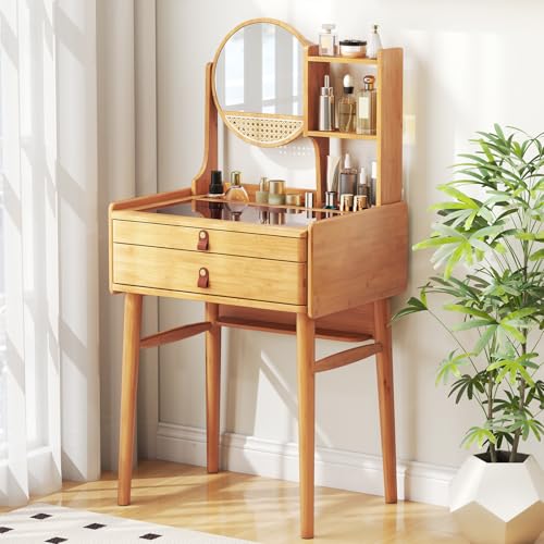 GOFLAME Bamboo Vanity Table with Adjustable Mirror, Small Makeup Vanity with Storage Drawers, Hutch Shelves, Glass Top, Rustic Compact Dressing Table for Bedroom, Small Spaces, Natural GOFLAME