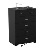 FJTJBSI Dresser with Power Outlets Wooden 6 Drawer Dresser with Large Organizer Black Tall Storage Organizer with Smooth Metal Rail Modern Chest of Drawers Closet for Bedroom Hallway FJTJBSI
