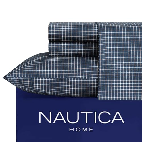 Nautica - Full Sheets, Premium Cotton Percale Bedding Set, Plaid Home Decor, Oeko-Tex Certified (Reece Plaid Navy, Full) Nautica