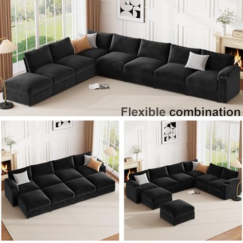 HOMYHOMEY Modular Sectional Sofa Couch for Living Room Velvet Couches Oversized U Shaped Convertible Sleeper Sofa Chaise Detachable Armrest Cushion Washable Cover Cup Holder (Black, 8 Seats) HOMYHOMEY