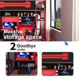 OYUMOENTS Full Size Gaming Loft Bed with Desk and LED Lights, Wood Loft Bed with Storage Shelves & USB Ports, Full Size Loft Beds Frame for Adults Kids Teens, Black+Red OYUMOENTS